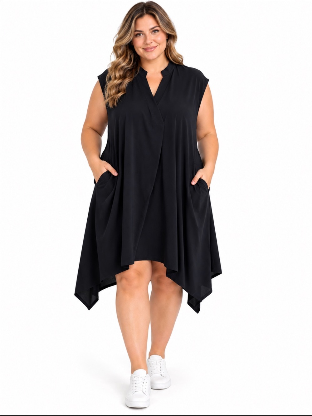 RACHEL Rachel Roy Draped Asymmetrical Sleeveless Shift Dress 2X Black Pockets